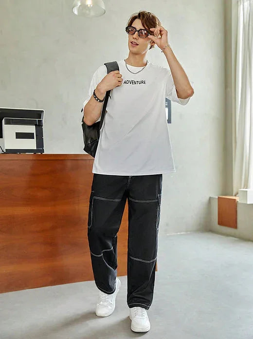 Men Cotton Top-stitching Flap Pocket Side Cargo Pants