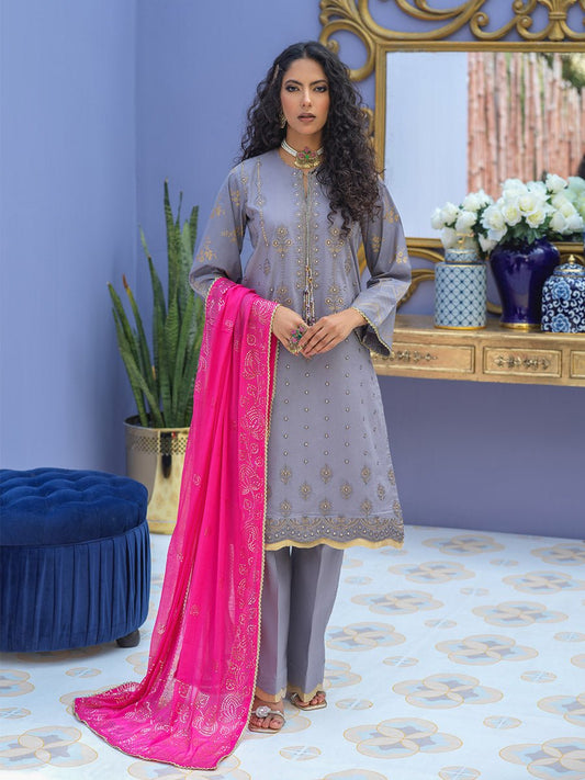 1 & Get 1 Free - Unstitched 3pc - Embroidered Lawn Suit With Mukesh Chiffon Dupatta - Oznur Vol.2 Article 302