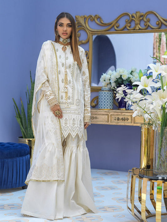 1 & Get 1 Free - Unstitched 3pc - Embroidered Lawn Suit With Mukesh Chiffon Dupatta - Oznur Vol.2 Article 304