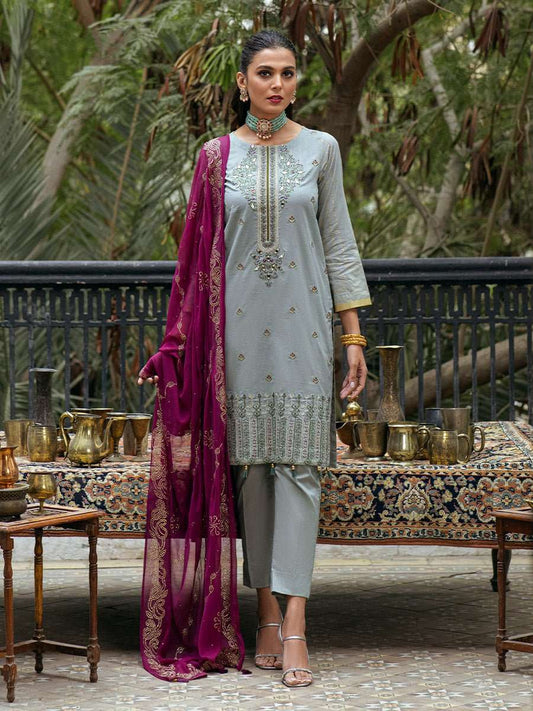 1 & Get 1 Free - Unstitched 3pc - Heavy Embroidered Shirt Front with Lawn Printed Back & Sleeves With Mukesh Chiffon Dupatta & Dyed Cambric Trouser- Oznur Mukesh Article 305